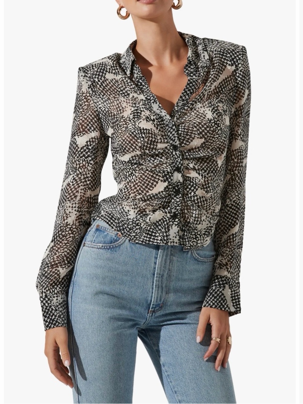 NWT ASTR Sz S Sheer Black and Cream Printed Button-Front Blouse